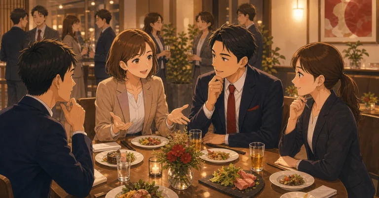 懇親会をただの食事で終わらせない会話術をテーマにした経営者交流のソフトアニメ風イラスト
