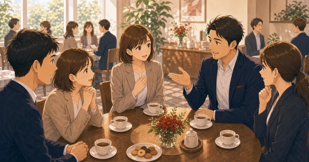 お茶会を初参加者が活用するメリットをテーマにした経営者交流のソフトアニメ風イラスト
