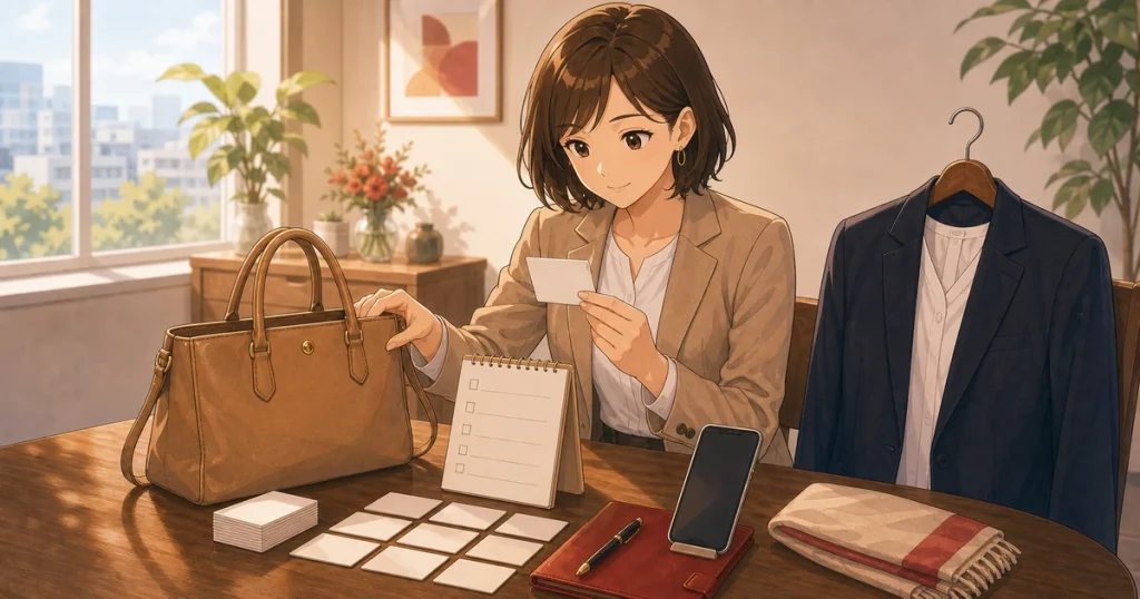 例会当日の持ち物と準備の基本をテーマにした経営者交流のソフトアニメ風イラスト