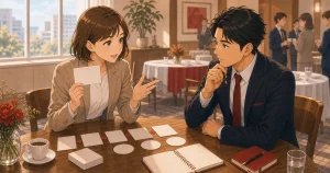 例会前に確認しておきたい自社紹介の型をテーマにした経営者交流のソフトアニメ風イラスト