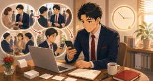 例会後24時間以内にやるべきことをテーマにした経営者交流のソフトアニメ風イラスト