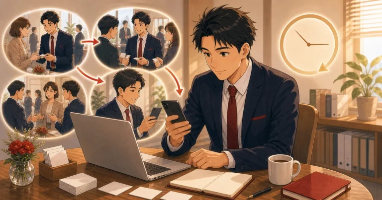 例会後24時間以内にやるべきことをテーマにした経営者交流のソフトアニメ風イラスト