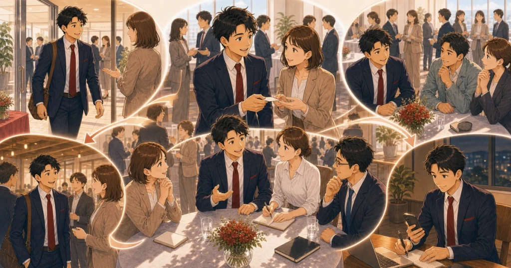 守成クラブ四日市の例会を最大限活用する一日設計をテーマにした経営者交流のソフトアニメ風イラスト