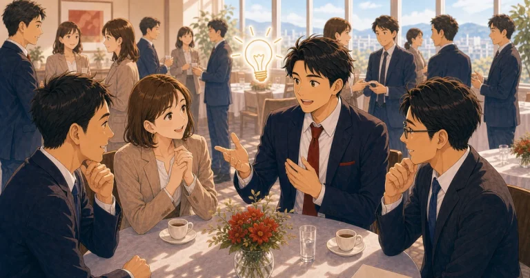 経営者の学びは人との出会いから始まるをテーマにした経営者交流のソフトアニメ風イラスト