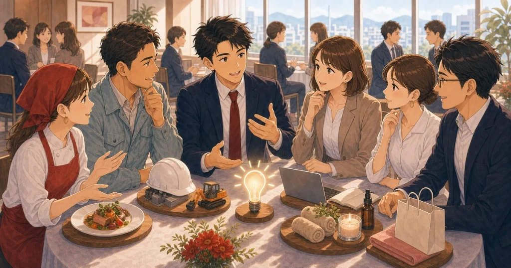 同業者ではなく異業種から得られるヒントをテーマにした経営者交流のソフトアニメ風イラスト