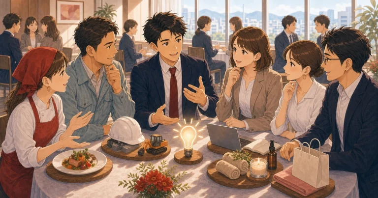 同業者ではなく異業種から得られるヒントをテーマにした経営者交流のソフトアニメ風イラスト