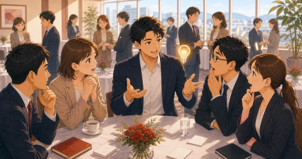 自社の当たり前が強みに変わる瞬間をテーマにした経営者交流のソフトアニメ風イラスト