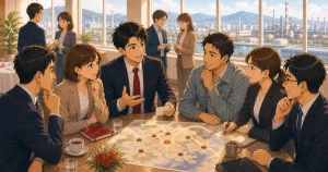 地域の情報を得る場としての守成クラブ四日市をテーマにした経営者交流のソフトアニメ風イラスト