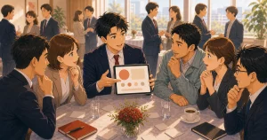 新サービスの反応を見る場として例会を使うをテーマにした経営者交流のソフトアニメ風イラスト