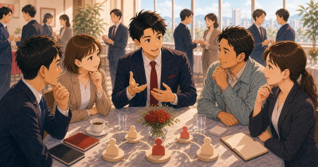採用や人材課題の相談先を増やす考え方をテーマにした経営者交流のソフトアニメ風イラスト