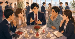 採用や人材課題の相談先を増やす考え方をテーマにした経営者交流のソフトアニメ風イラスト