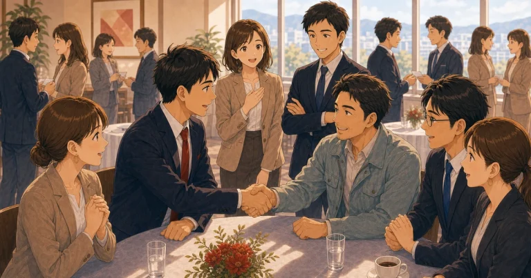 価格ではなく信頼で選ばれる会社になるにはをテーマにした経営者交流のソフトアニメ風イラスト