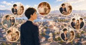 守成クラブ四日市で商売の視野を広げるをテーマにした経営者交流のソフトアニメ風イラスト